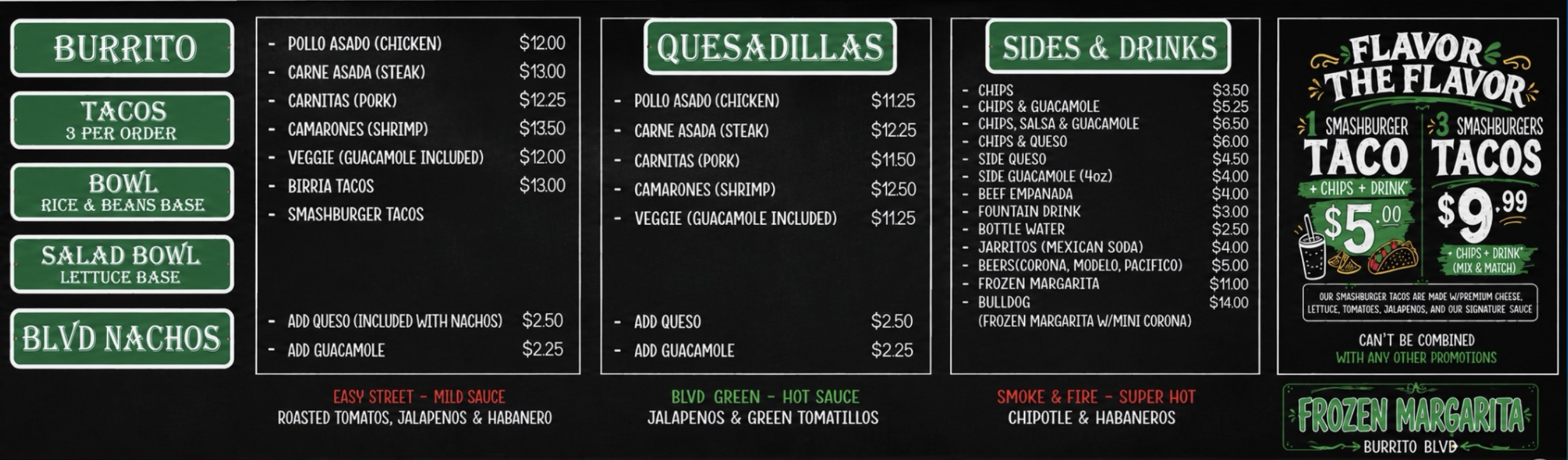 Burrito BLVD menu board: burritos, tacos, bowls, quesadillas, sides and drinks